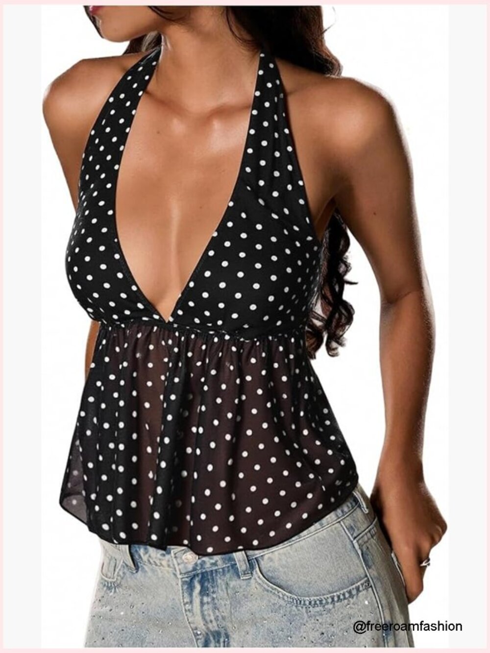 Y2K Polka Dot Halter Crop Top - Tie Back V Neck Ruffle Peplum